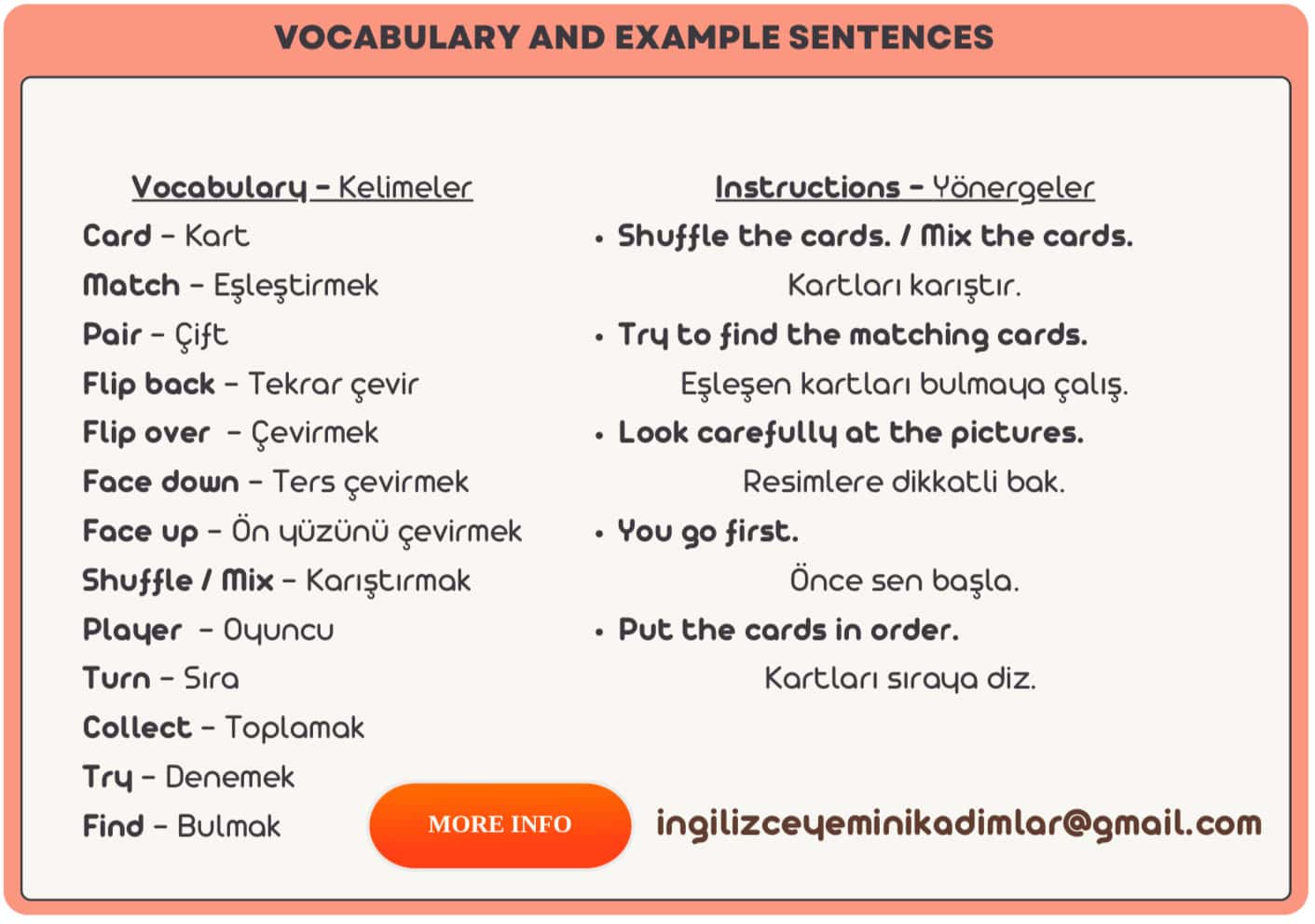 İngilizce Hafıza Oyunu ile İlgili Cümleler ve Resimli Kartlar - Görsel 2