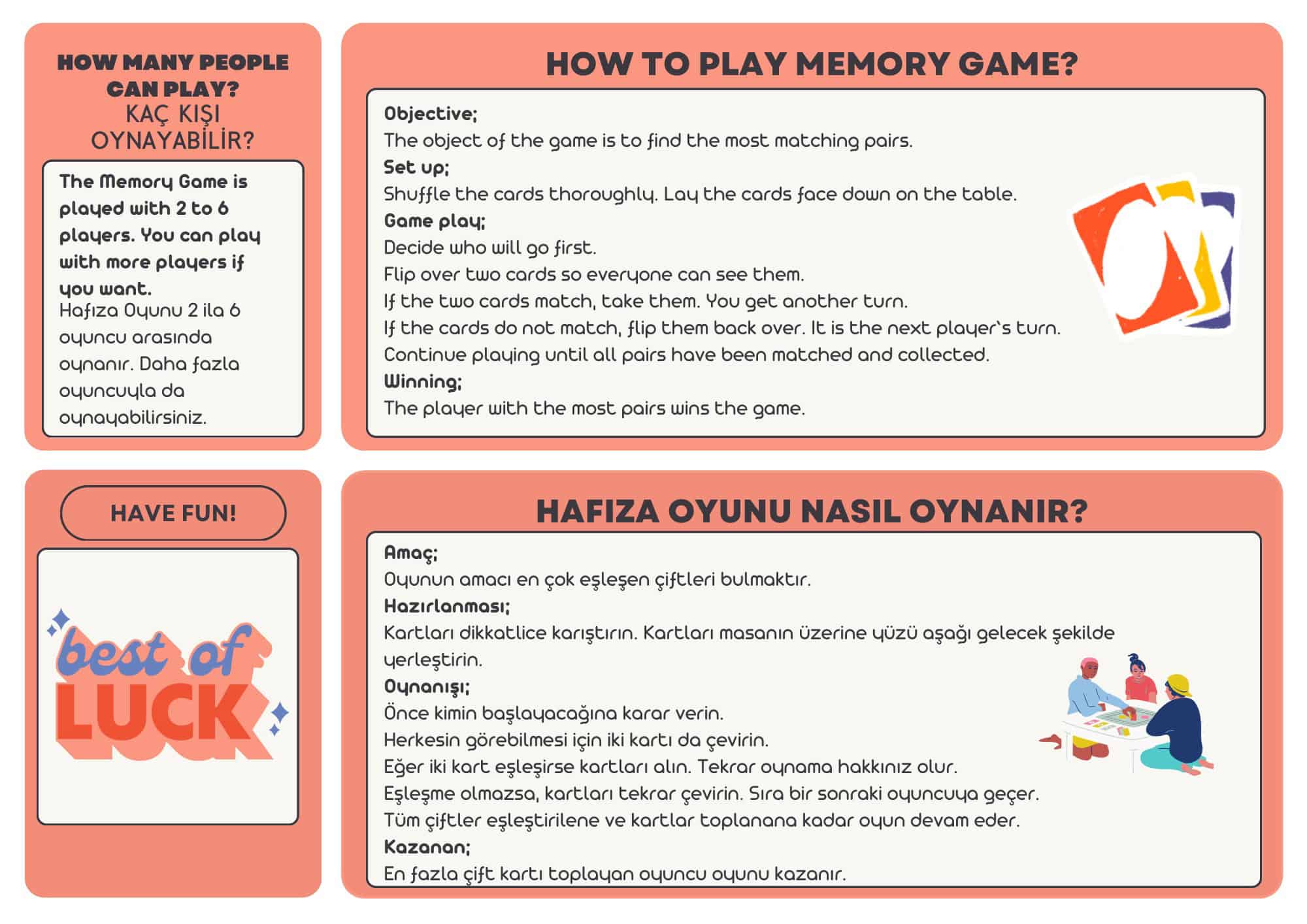 İngilizce Hafıza Oyunu ile İlgili Cümleler ve Resimli Kartlar